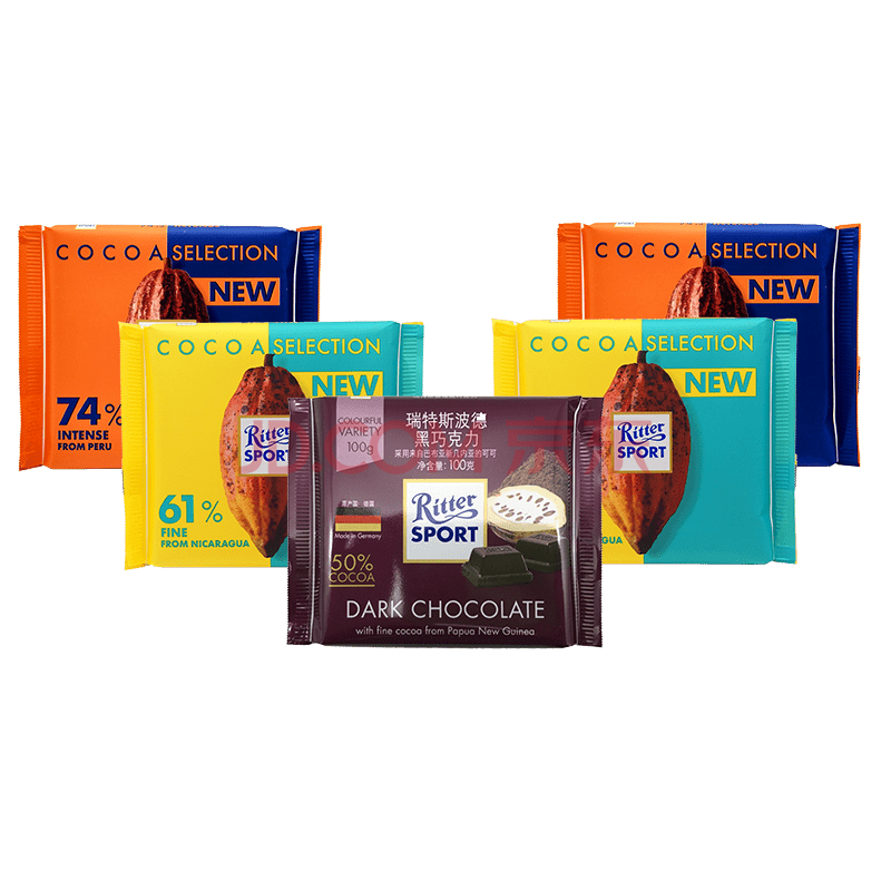 ritter sport德国进口运动瑞特斯波德牛奶榛子果仁白巧黑巧克力100g*5