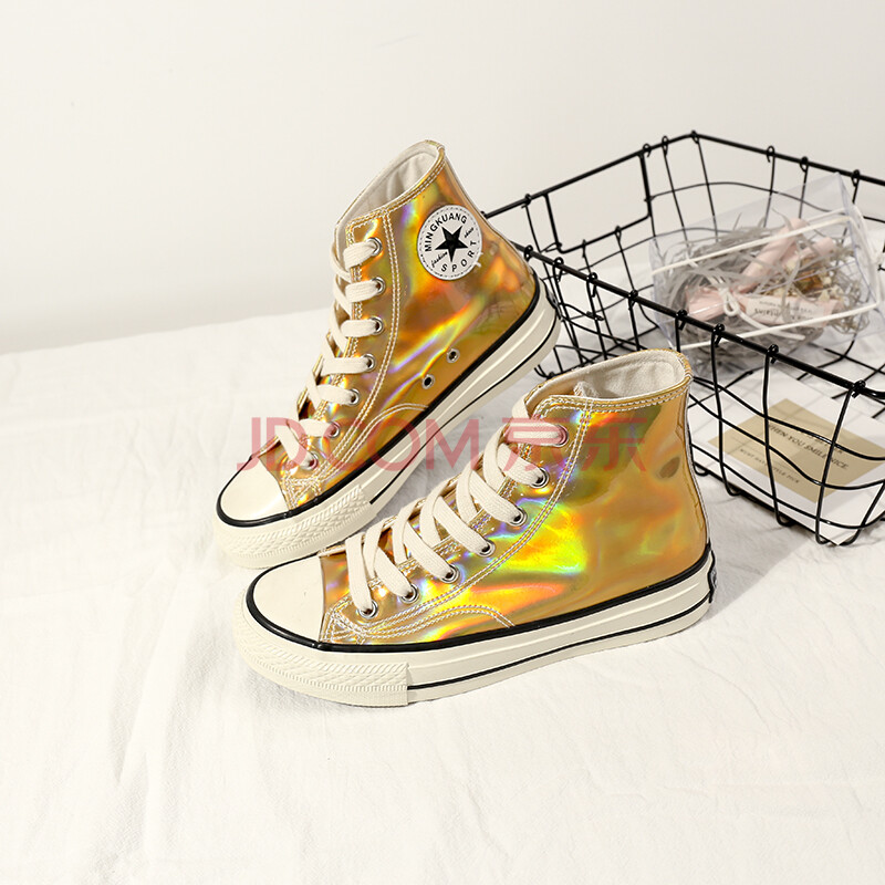 七彩变色鞋果冻镭射女鞋2019春季新款变色龙反光高帮帆布鞋板鞋潮
