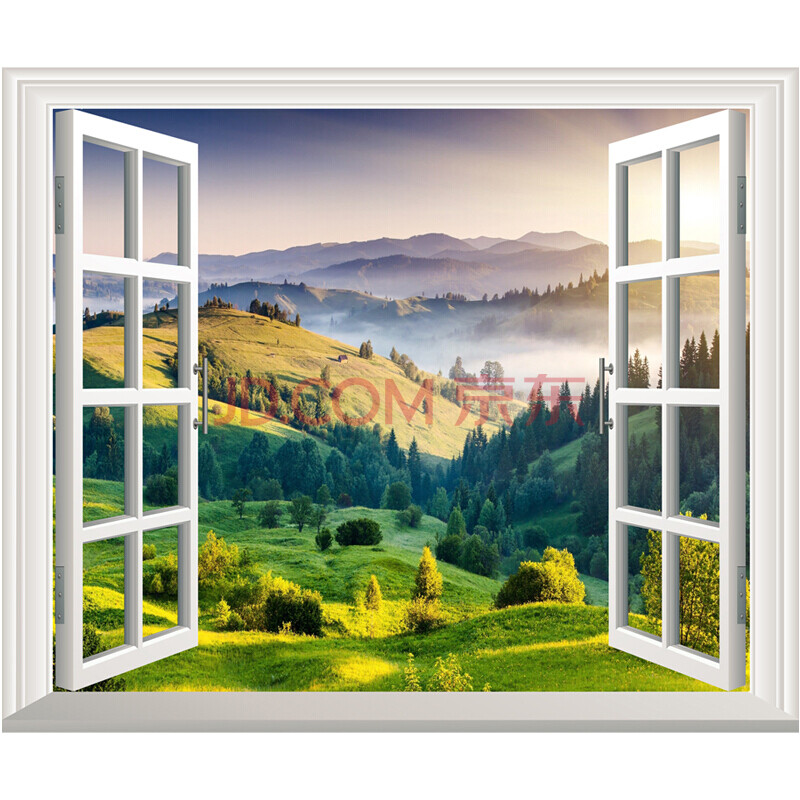 山水画贴纸 3d仿真立体假窗户壁画自粘贴纸创意装饰画墙贴客厅卧室