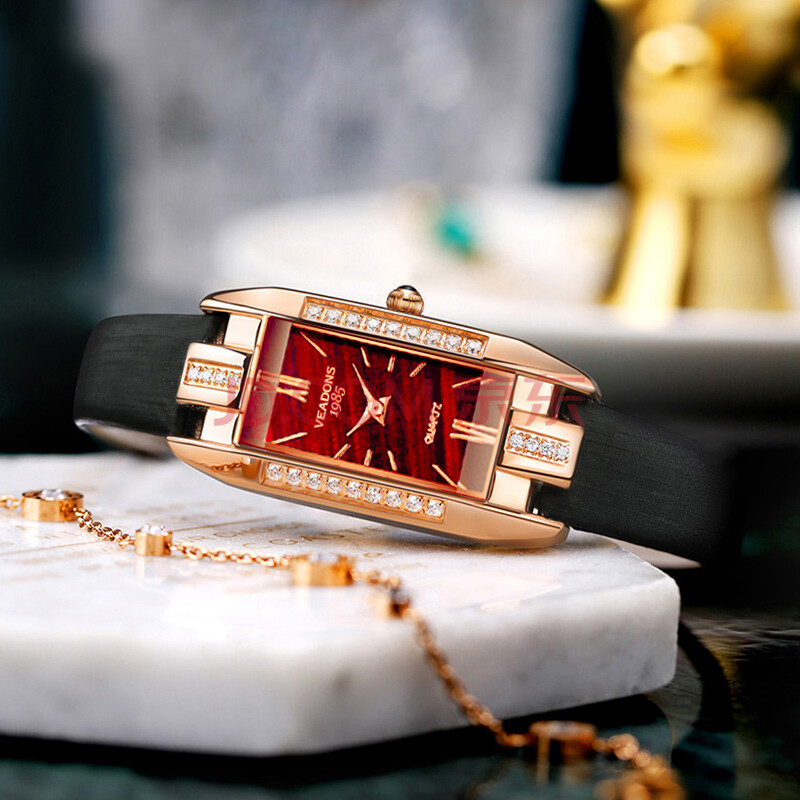 威顿(veadons)手表女士复古小绿表时尚商务休闲女腕表 5035玫壳红面