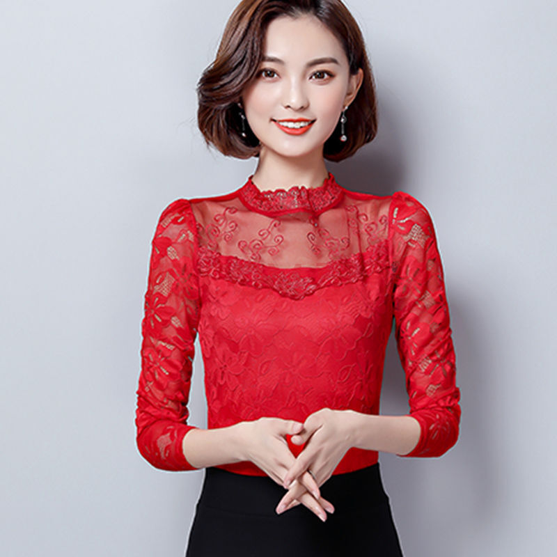 蕾丝打底衫女春秋装大码2019新款女装上衣半高领镂空修身t恤衫女 红色