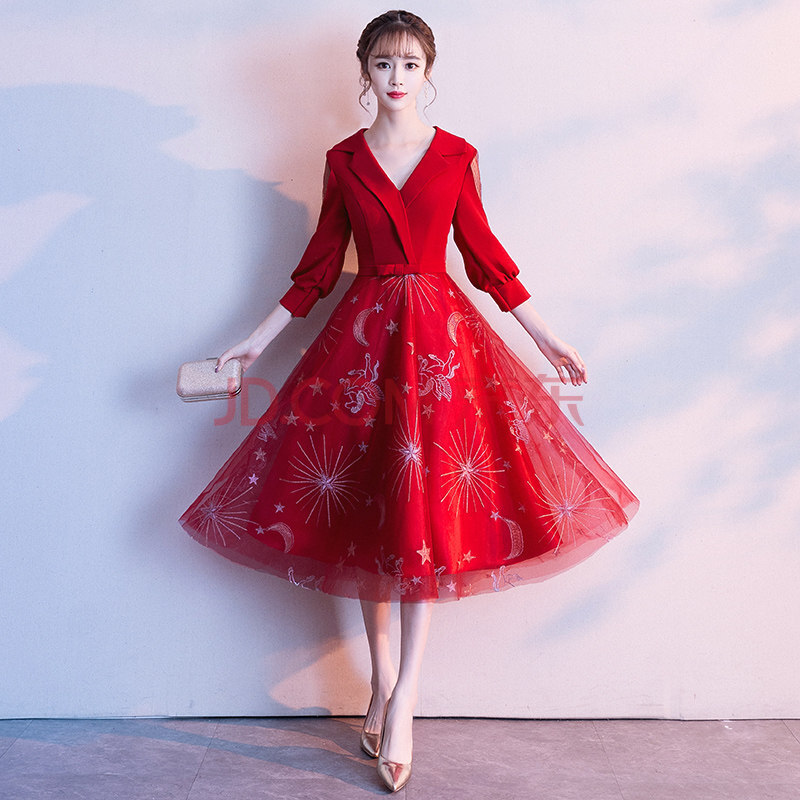 敬酒服新娘2019年秋季款红色现妇中长款显瘦礼服裙女平时可穿夏款j