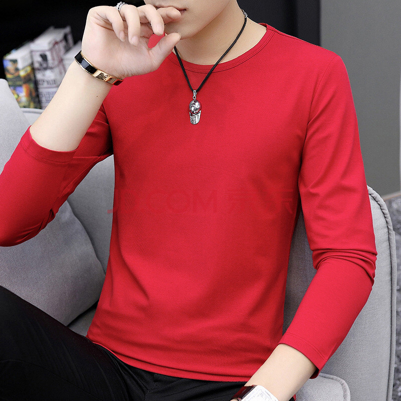 红色t恤男 本命年男衣服2019新款 打底衫内搭秋衣长袖 568圆领-大红色