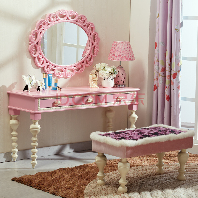梳妆台公主桌欧美港式梳妆台少女心公主粉实木床边化妆桌网红 1米妆台