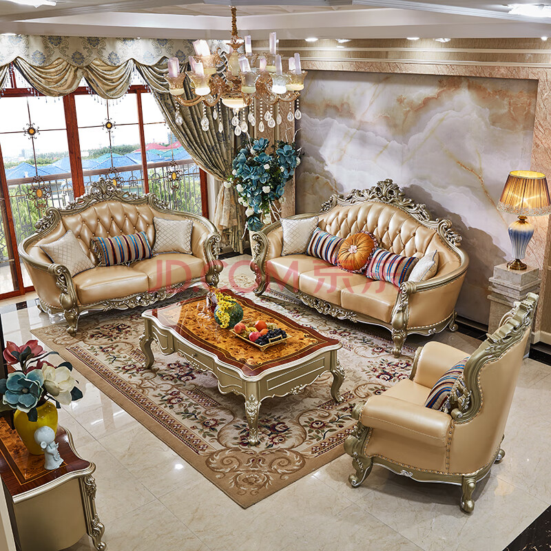 皇家牧歌家具 欧式沙发组合套装实木真皮沙发客厅整装简欧别墅 单人位