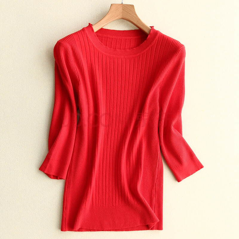 2019春秋半袖针织仿衫女圆领七袖打底仿羊毛修身外穿针织衫毛衣 大红