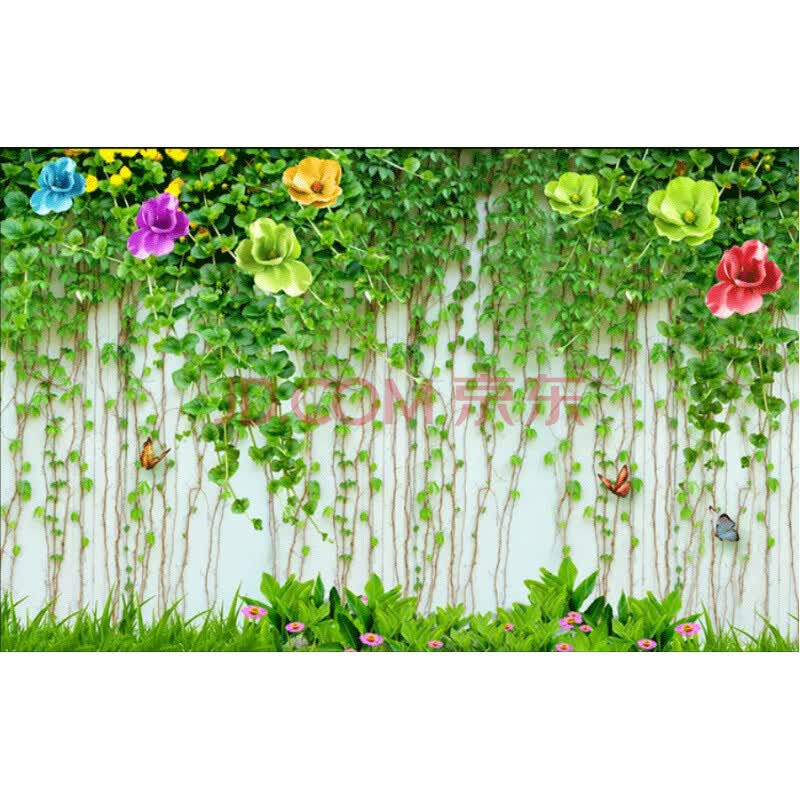 奶茶休闲吧清新绿植电视背景墙壁纸庭院田园藤蔓装饰壁画花店墙纸