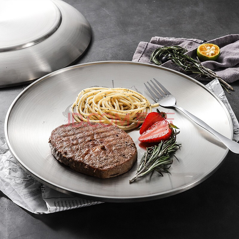 onlycook 304不锈钢牛排盘 家用创意简约大圆盘浅菜盘吃牛排盘子 大号