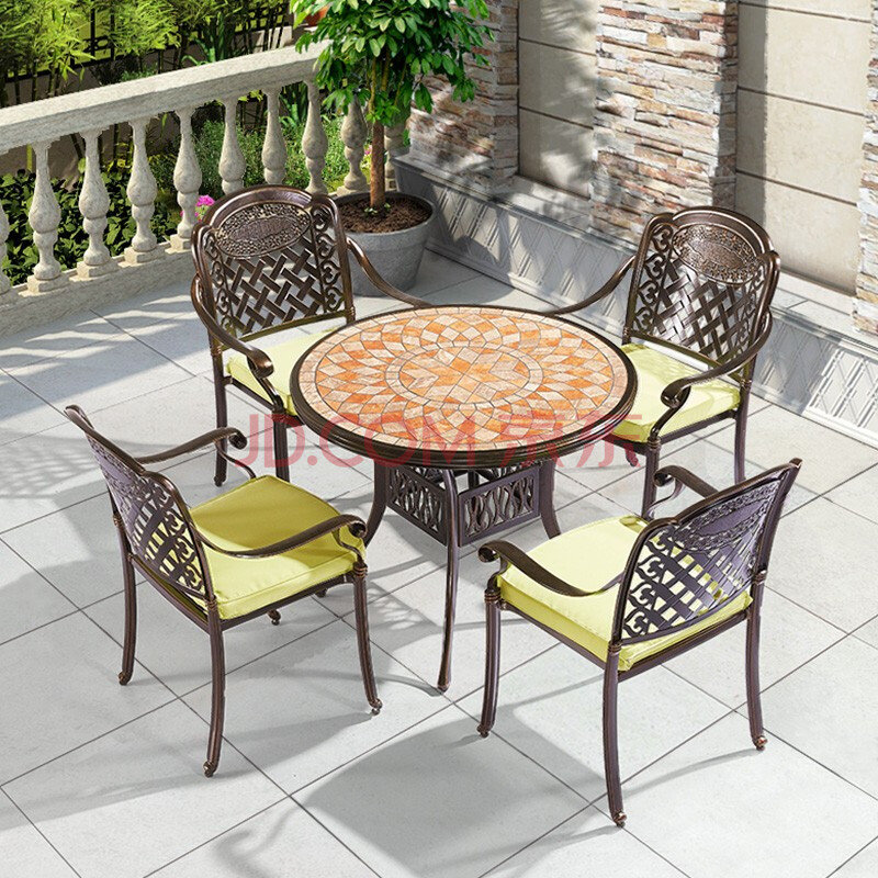 户外庭院露台阳台组合阳光房家具五件套铁艺 斜格椅 d90cm瓷砖圆台