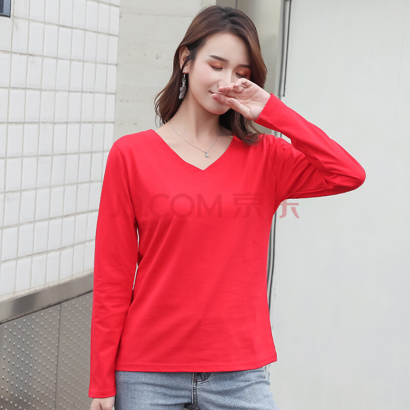 秋新款t恤v领t恤女长袖女式打底衫体恤衫潮 大红色 2xl