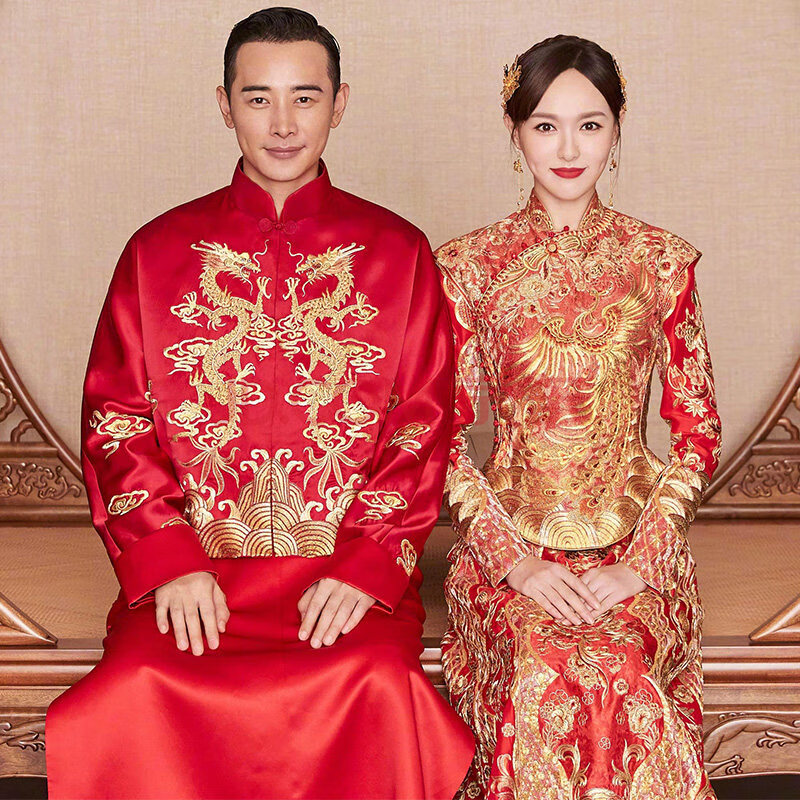 中式婚纱结婚礼服敬酒服古装嫁衣龙凤褂男女款 唐嫣同款(新品现货) s