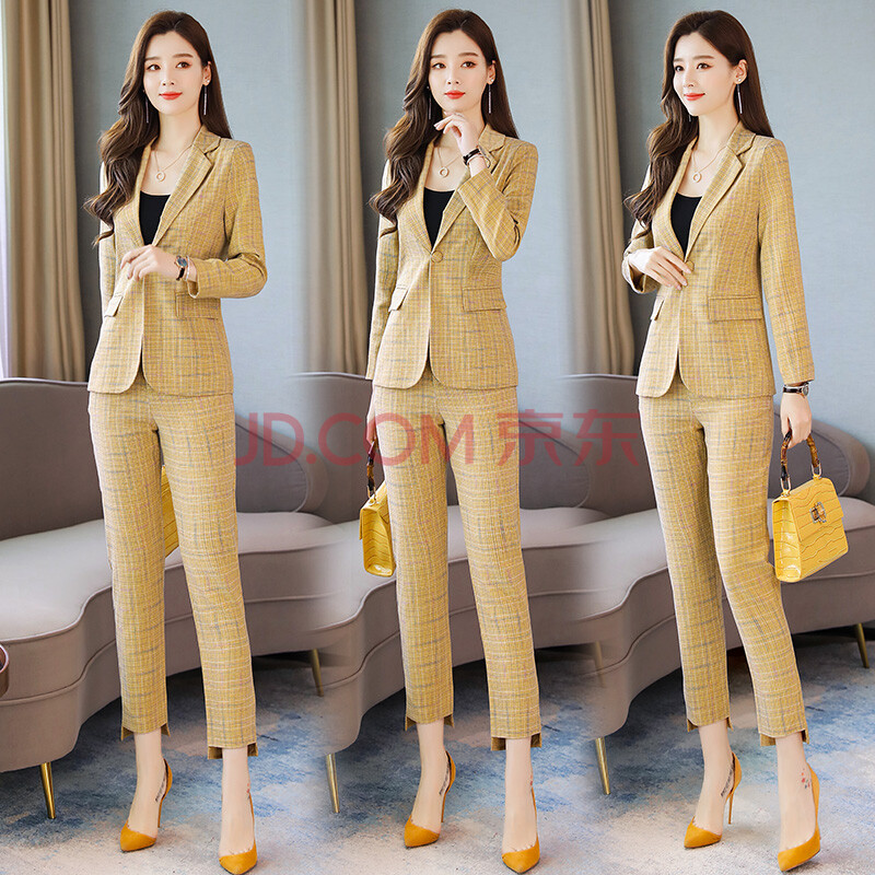 京东秋冬新品西装套装女秋显瘦格子外套 高腰裤两件套流行款情侣 黄色