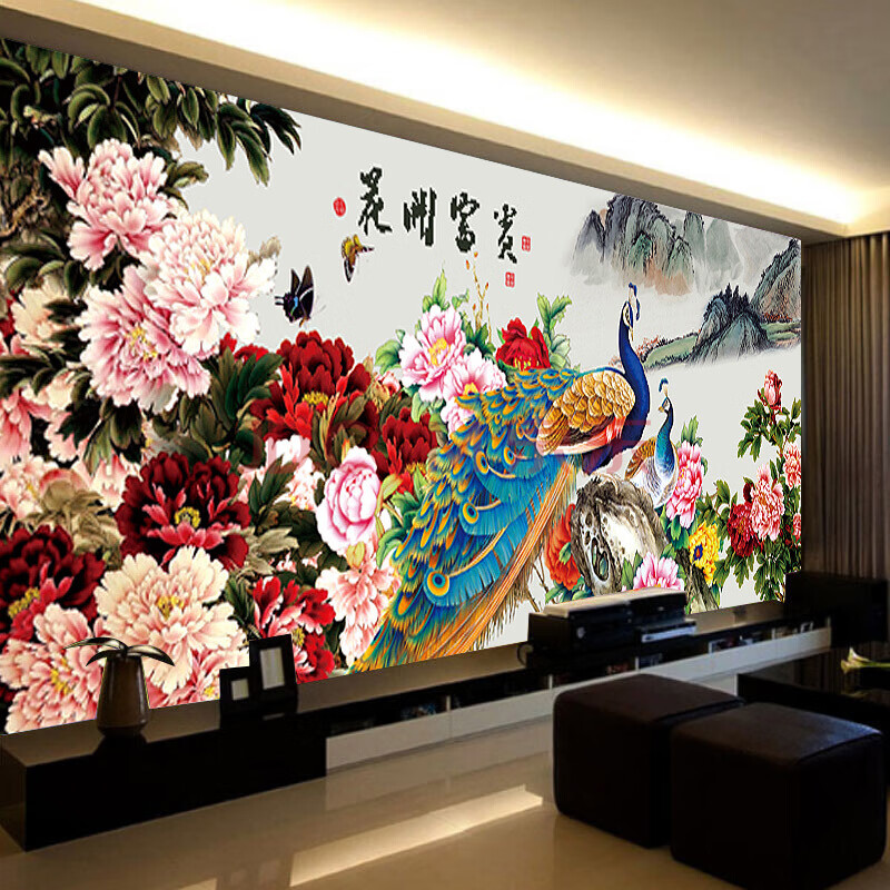 新款5满钻客厅孔雀贴钻画花开富贵孔雀钻石十字绣新款客厅圆钻 满钻全