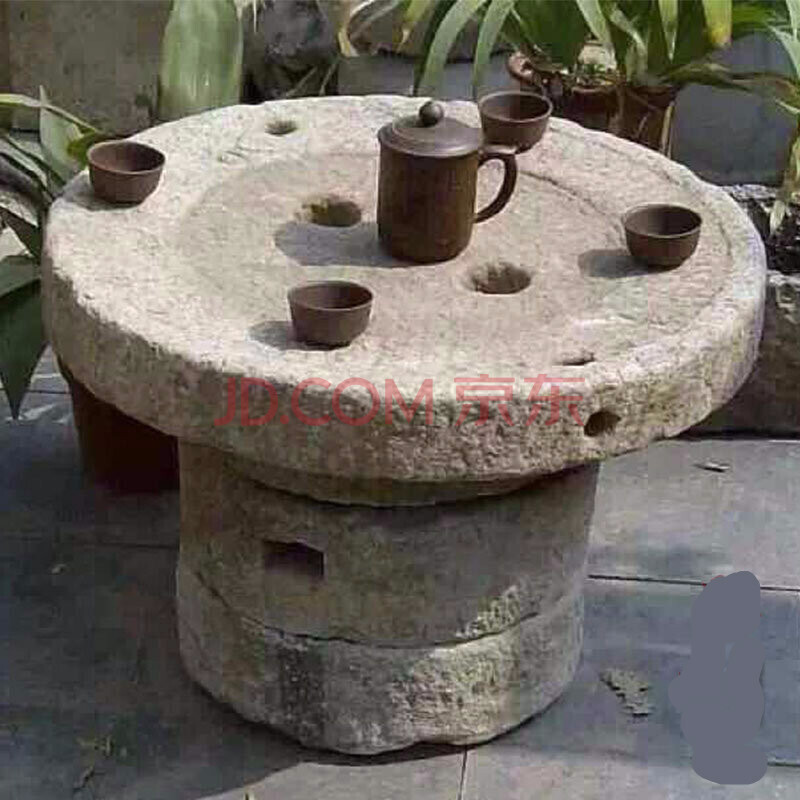 老石磨茶几石磨盘茶桌茶台旧石器老物件实木架复古茶桌椅组合庭院 单