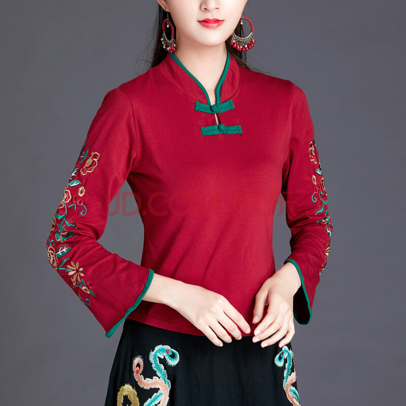 【轻奢品牌】盘扣中国风立领刺绣上衣 秋冬装复古绣花民族风t恤喇叭袖