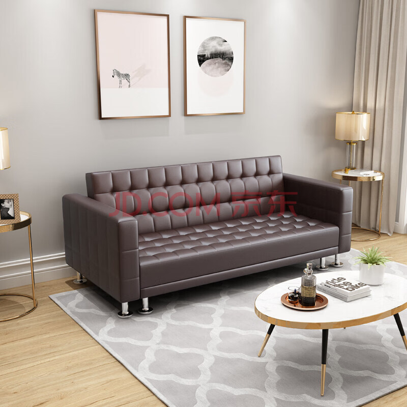 组合转角沙发小户型客厅办公室可折叠皮多功能两用实木沙发床 棕色