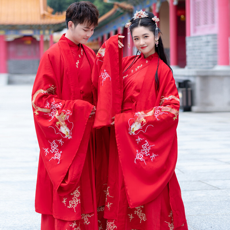 龍錦秋冬裝新郎新娘紅色結婚禮服漢服男女情侶古裝廣袖大袖衫新品 僅