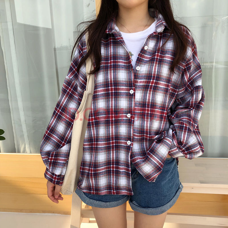 格子衬衫女韩版宽松原宿风长袖衬衣春季新款百搭学生上衣薄外套潮
