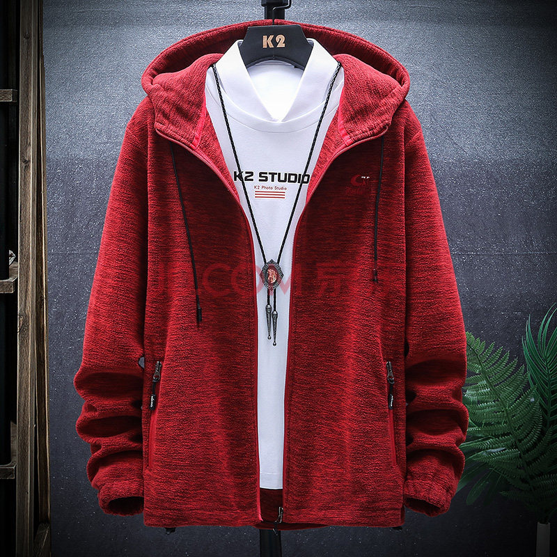 加绒加厚外套男休闲秋新款男装外穿款时尚连帽上衣夹克 3333 红色