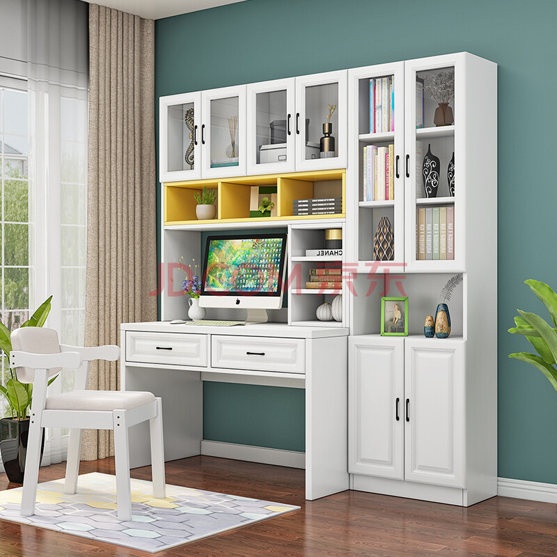 苏墨书桌书架一体组合卧室书房学生带抽屉电脑学习桌家用桌子 暖白色