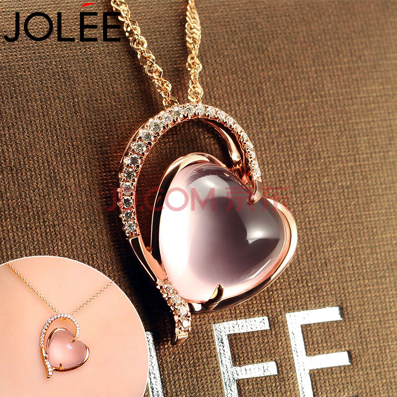 jolee 项链 18k金天然粉水晶钻石吊坠心形彩色宝石锁骨链简约时尚首饰