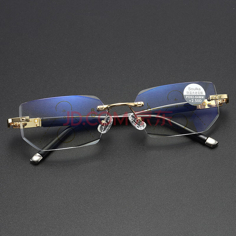 防蓝光老花眼镜远中近功能无框闪亮钻石切边眼镜 黑金框 多焦点 100度