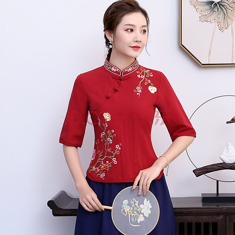 snight春夏新款中国风大码女装上衣民族风复古文艺棉麻绣花中袖t恤