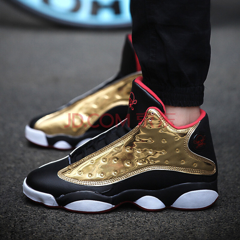 秋季新款透气乔丹13篮球鞋运动高帮熊猫气垫增高男鞋aj13篮球鞋 金色