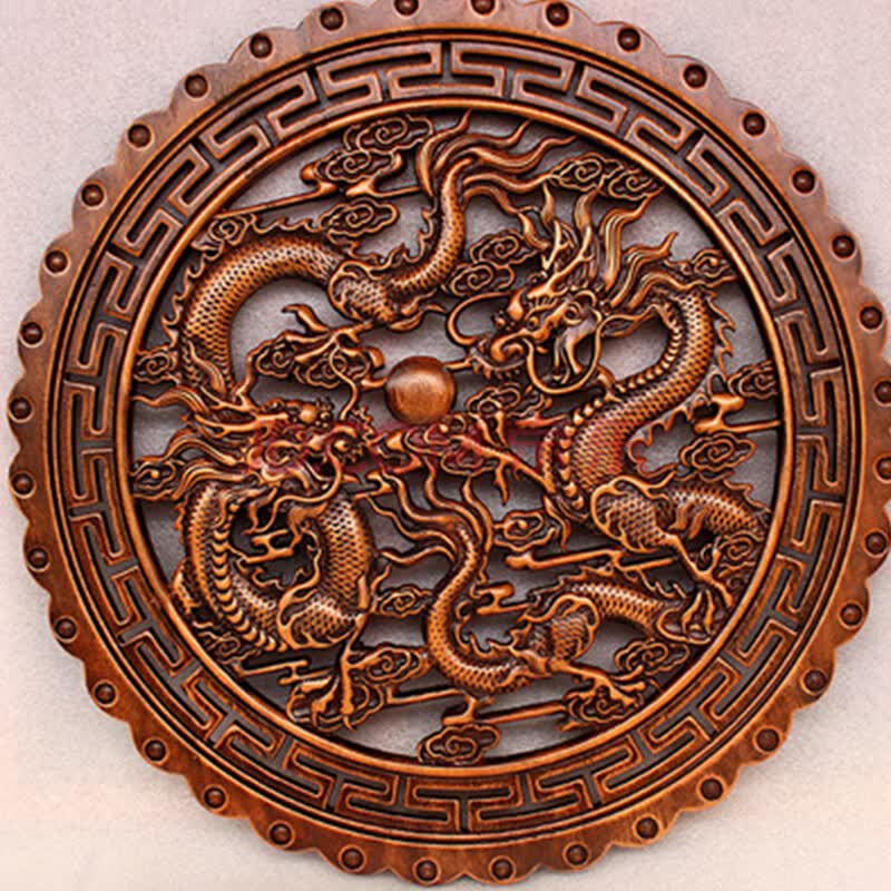 香樟木雕刻工艺品 乔迁送礼中式客厅装修木质圆形壁饰挂件 双龙戏珠