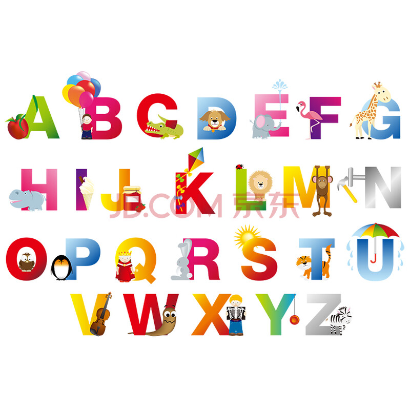 26个英文字母贴纸英语单词卡通动物墙贴儿童房幼儿园教室壁画自粘 a6
