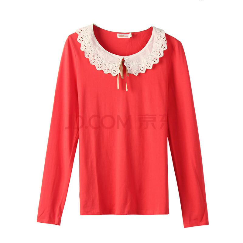 女款花边翻领净色t恤 西瓜红 l