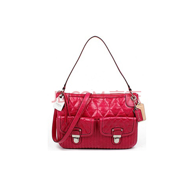 coach蔻驰poppy系列玫红色菱格全皮两用包19856