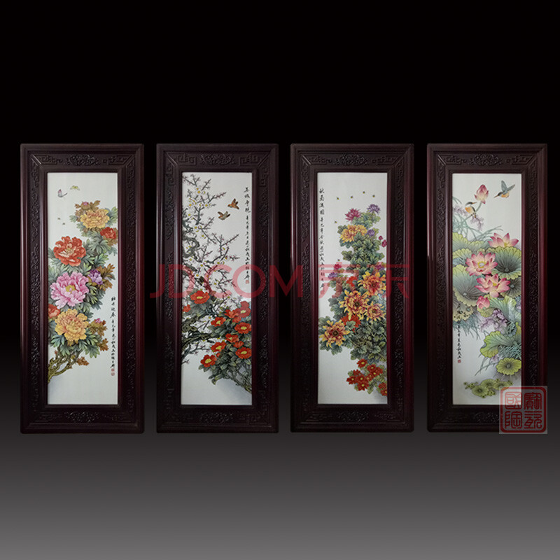 定制 景德镇陶瓷名家手绘春夏秋冬四条屏瓷板画客厅玄关走廊装饰画