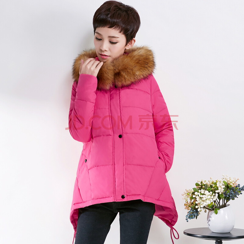 2015冬装新款羽绒服女韩版修身中长款大毛领连帽羽绒衣棉衣 玫红色 m