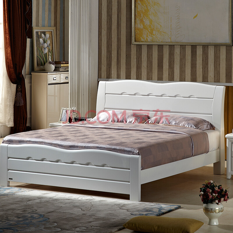 梦洁家具 现代简约欧式 橡木床白色 田园新古典全实木1.