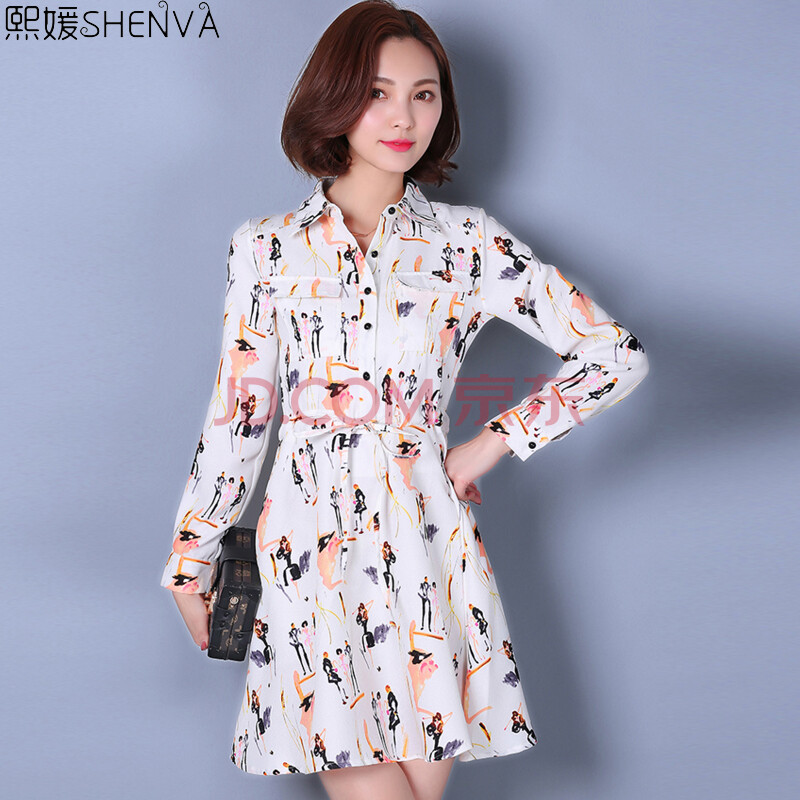 熙媛2016春装新款连衣裙 韩版女装衬衫印花修身长袖连衣裙 图片色 l