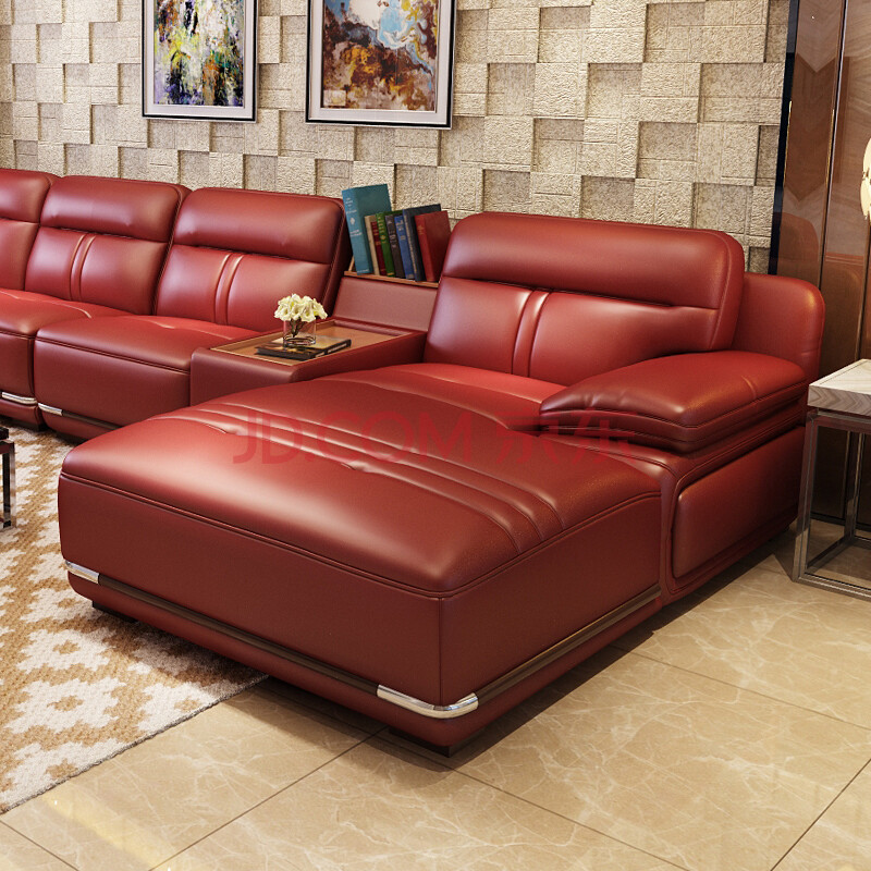 乐私 沙发 牛皮沙发 简约客厅皮沙发组合 至尊红 豪华沙发全套