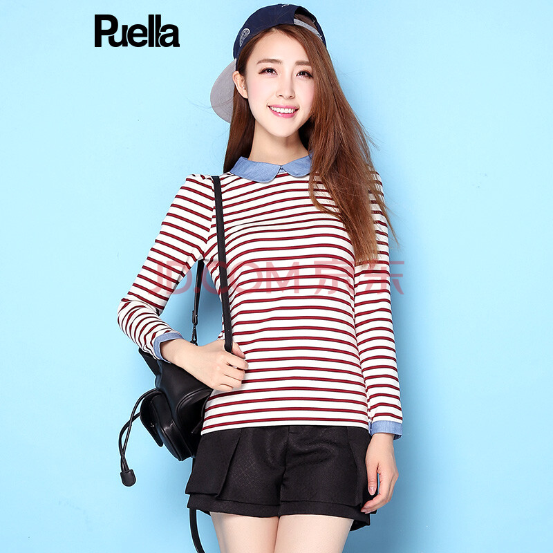 拉夏贝尔sport 冬新款 长袖条纹衬衫领t恤 女 白色 m