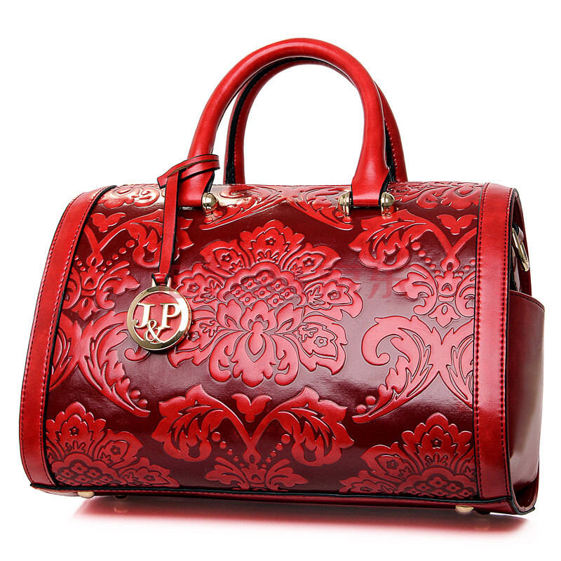 珍妮伯爵2016中国风高档拎包奢华压花真皮手提波士顿包枕头包 酒红色