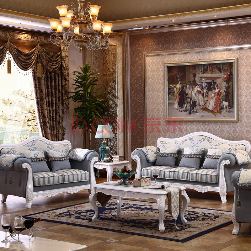 欧式沙发 田园布艺沙发组合古典美式沙发 客厅实木沙发 沙发 碧水蓝天