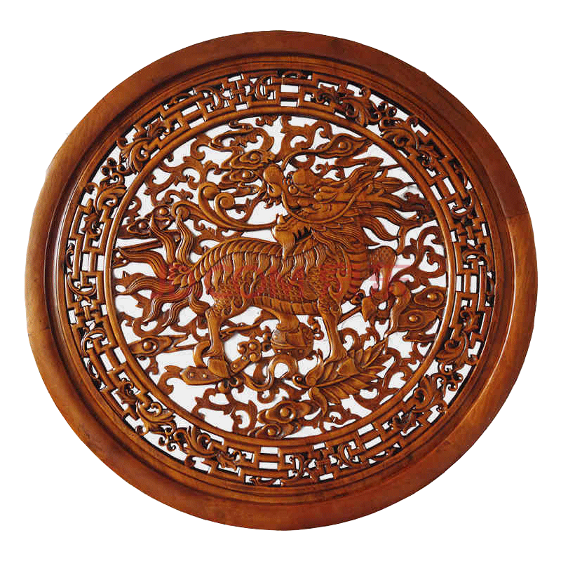 东阳木雕香樟木80圆形挂件 客厅卧室玄关隔断视电背景墙装饰麒麟 直径