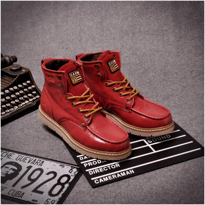 秋冬男士真皮马丁靴英伦中帮工装靴保暖厚底军靴耐磨厚底鞋 红色加绒