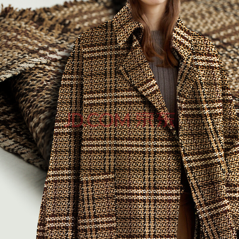 小香风羊毛布料 编织几何格纹棕色羊毛粗花呢开衫外套 香风套装面料