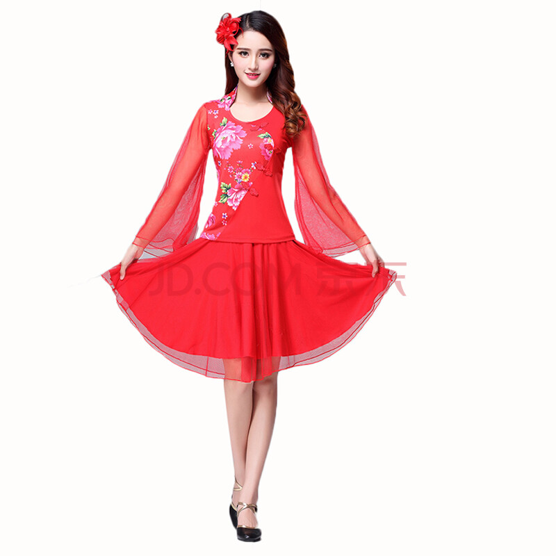 广场舞服装套装女夏中老年大码舞蹈演出服 大红高领 红裙子 3xl