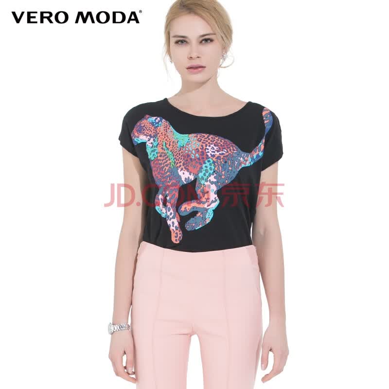 vero moda炫彩豹子图案蝙蝠短袖t恤|315201051 010黑 160/80a/s