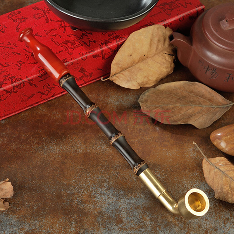 艾宝abo 烟袋锅旱烟袋 老式烟斗传统手工紫竹节烟杆 黄铜烟锅玛瑙嘴 b