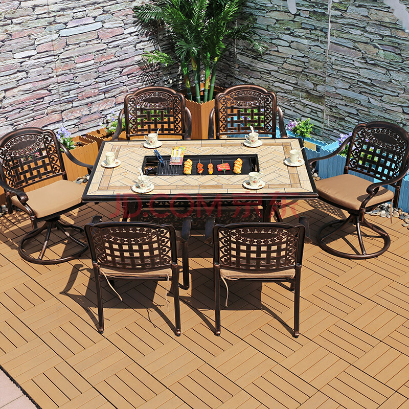 喵喵藤六人烧烤圆桌庭院户外烧烤桌椅组合室外铁艺烤铝休闲铸铝圆餐桌