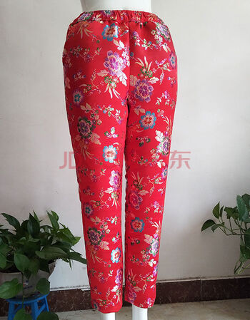 皮尔卡丹女新款锦缎棉裤手工加厚纯棉花里子仿真丝修身保暖舒服 红