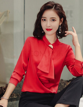 2019新款雪纺大码秋季女工作服时尚百搭正装职业修身衬衣女 红色衬衫
