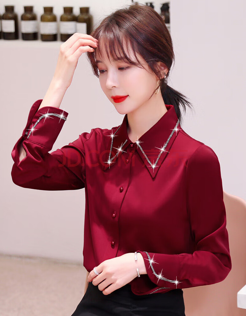 红色衬衫女酒红色雪纺真丝丝柔洋气时尚烫钻缎面长袖2019新款韩版